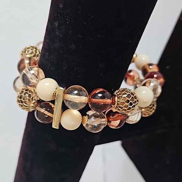 Metal Goldtone Mesh Covered Beaded Stretch 2 Row Bracelet - Picture 3 of 4